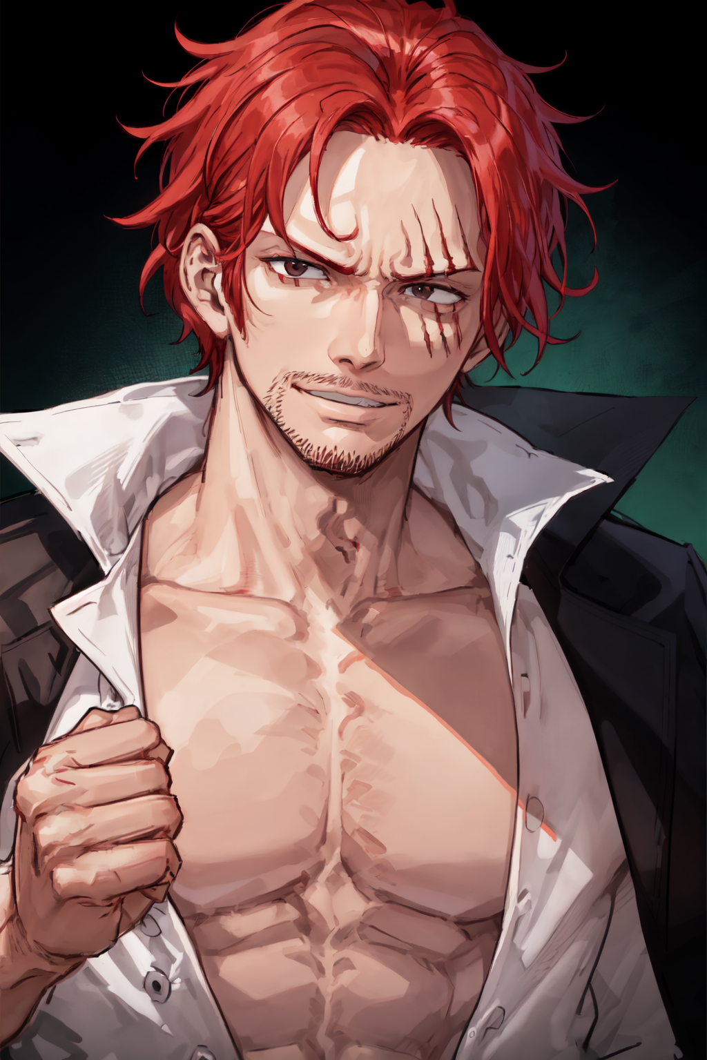 00325-42632747-, Shnks, solo, red hair, shirt, 1boy, black eyes, male focus, open clothes, open shirt, facial hair, scar,  stubble, portrait, s.png